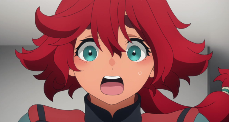 Suletta (Kana Ichinose) is shocked in Mobile Suit Gundam: The Witch from Mercury Episode 2 "Cursed Mobile Suit" (2022), Bandai Namco Filmworks