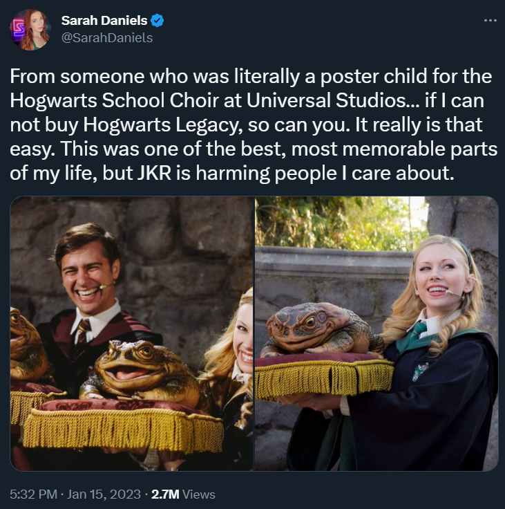 Sarah Daniels begs others to not buy Hogwarts Legacy, showing she was a former Wizarding World of Harry Potter actress at Universal Studios
