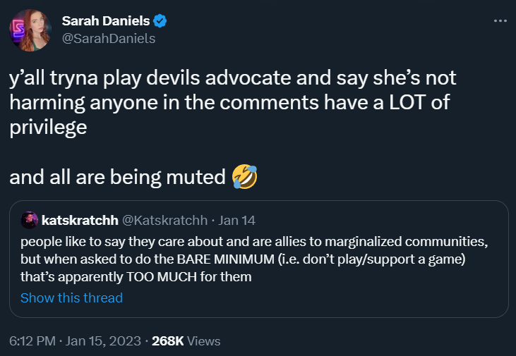 Sarah Daniels denies and ignores critics saying J.K.Rowling's earlier comments were not harming the transgender community via Twitter