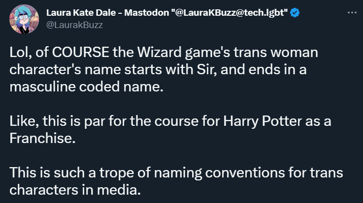 Laura Kate Dale zomba do nome Sirona Ryan, nome da personagem transgênero de Hogwarts Legacy via Twitter

