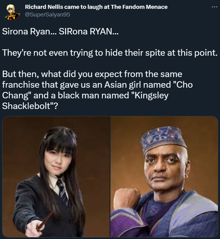 SuperSaiyan95 mocks the name Sirona Ryan, the name of the transgender character in Hogwarts Legacy, along with other character names in the Harry Potter franchise via Twitter