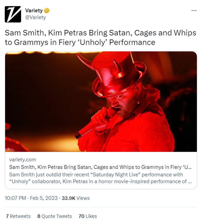 Variety tweets that "Sam Smith, Kim Petras Bring Satan, Cages and Whips to Grammys in Fiery ‘Unholy’ Performance."