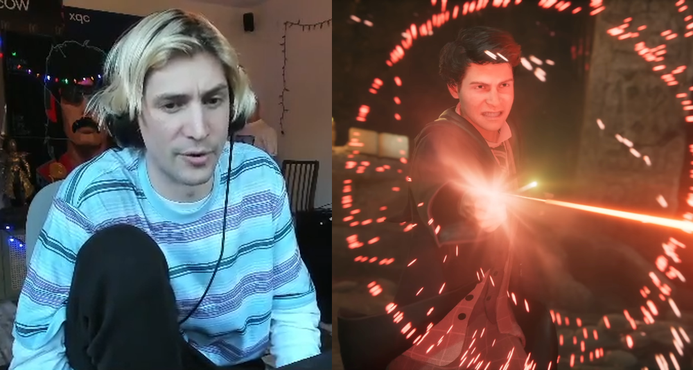 xQC alongside the protagonist of Hogwarts Legacy