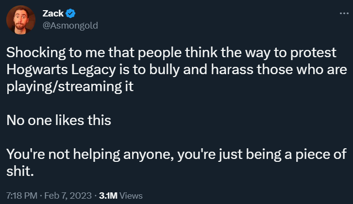 Asmongold denounces the harassment streamers have received for playing Hogwarts Legacy via Twitter