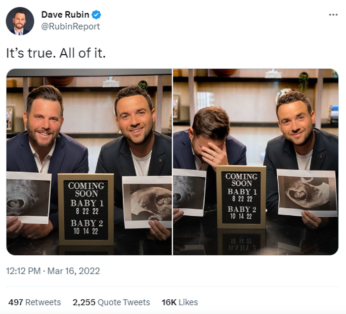 Conservative hero Dave Rubin celebrates his use of women to breed babies.