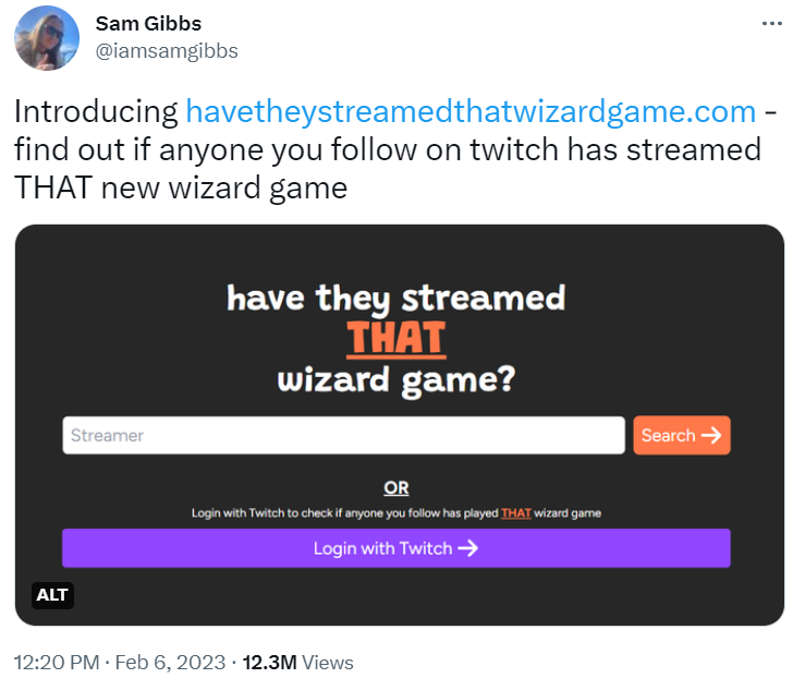 Archive Link Sam Gibbs reveals their website to track which Twitch users had streamed Hogwarts Legacy via Twitter