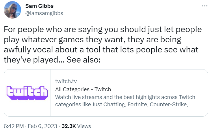 Archive Link Sam Gibbs defends his website used to track which Twitch users had streamed Hogwarts Legacy via Twitter