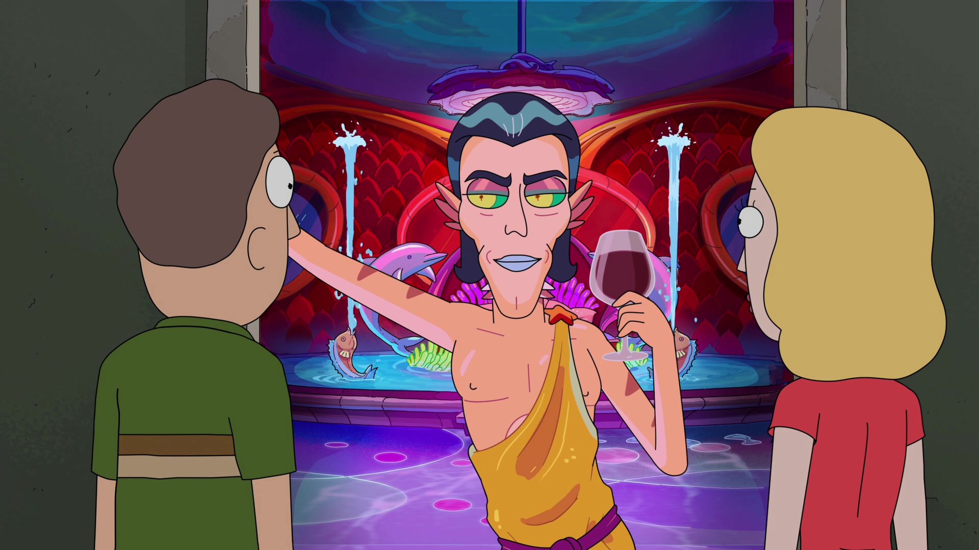 Jerry (Chris Parnell) and Beth (Sarah Chalke) prepare to take Mr. Nimbus (Dan Harmon) up on his offer in Rick and Morty Season 5 Episode 1 "Mort Dinner Rick Andre" (2021), Adult Swim
