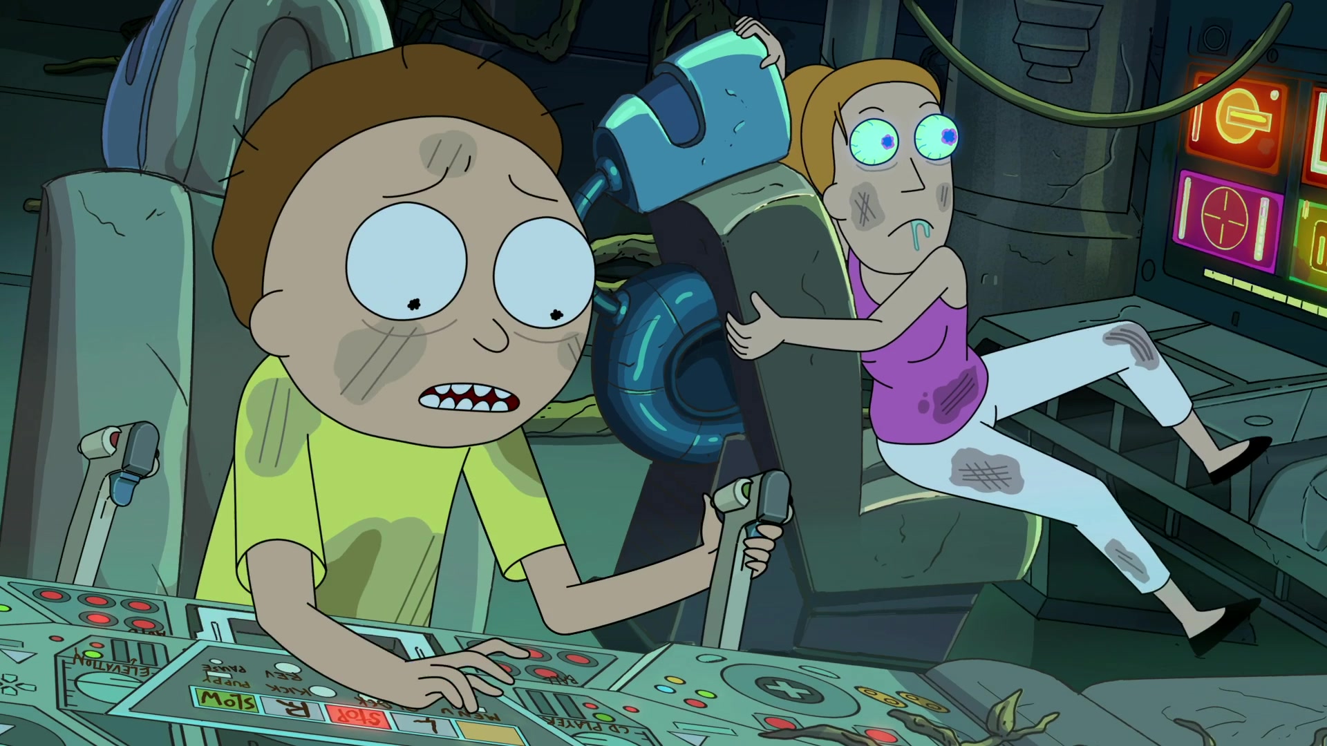 Morty (Justin Roiland) and Summer (Spencer Grammer) attempt to take off in Rick and Morty Season 4 Episode 9 "Childrick of Mort" (2020), Adult Swim
