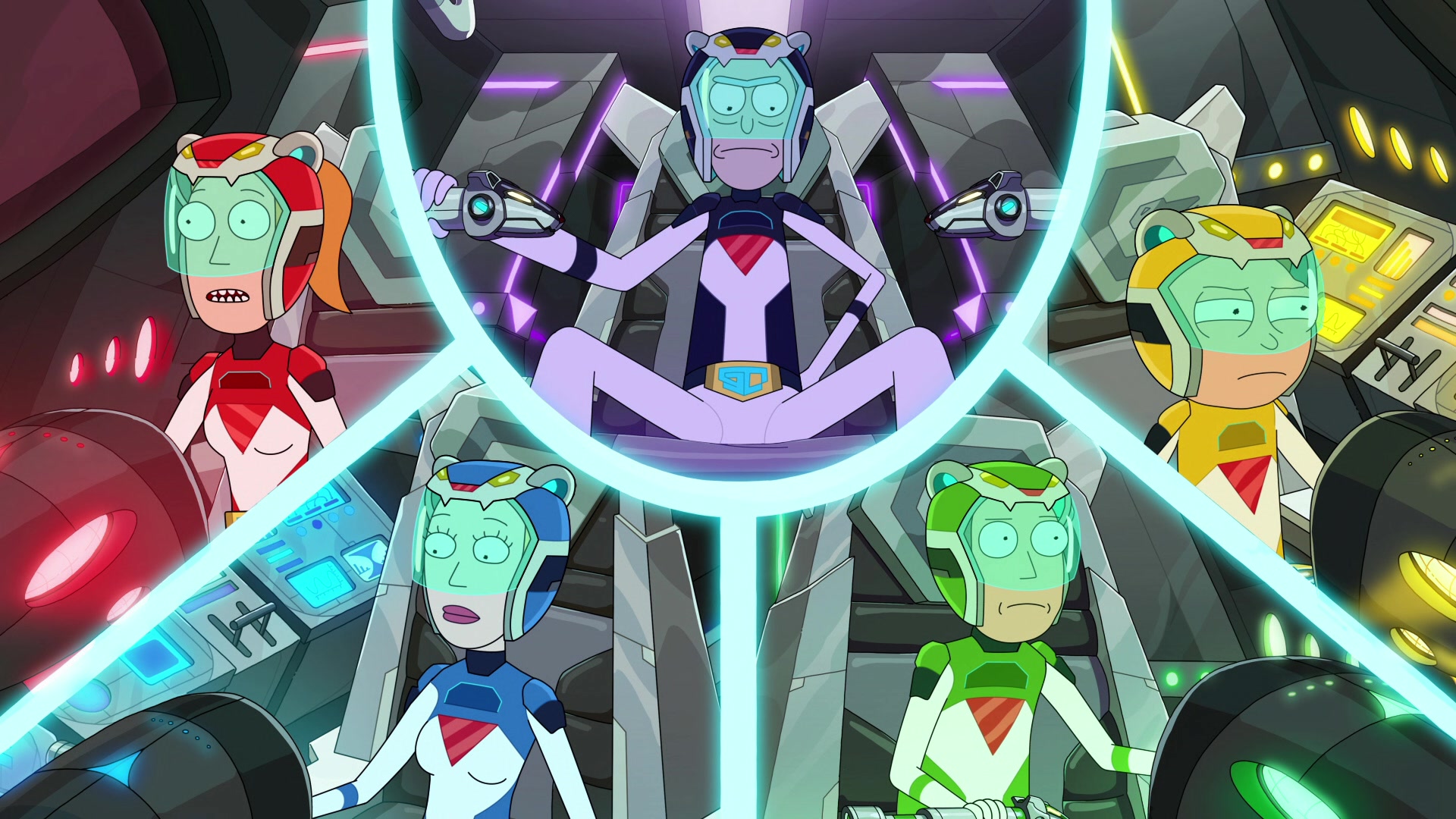 Rick (Justin Roiland), Morty (Justin Roiland), Summer (Spencer Grammer), Jerry (Chris Parnell) and Beth (Sarah Chalke) form Gogotron in Rick and Morty Season 5 Episode 7 "Gotron Jerrysis Rickvangelion" (2021), Adult Swim