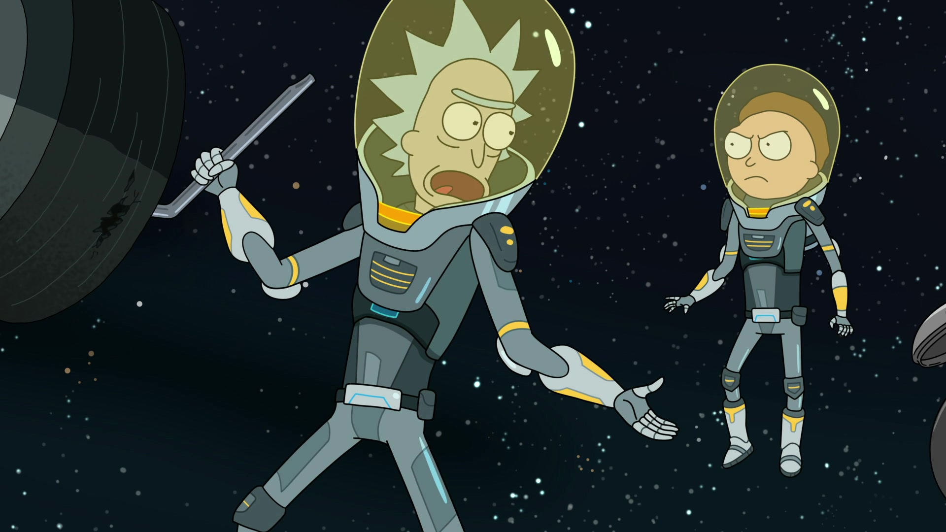 Rick (Justin Roiland) and Morty (Justin Roiland) step outside their ship to perform repairs in Rick and Morty Season 4 Episode 6 (2020), Adult Swim