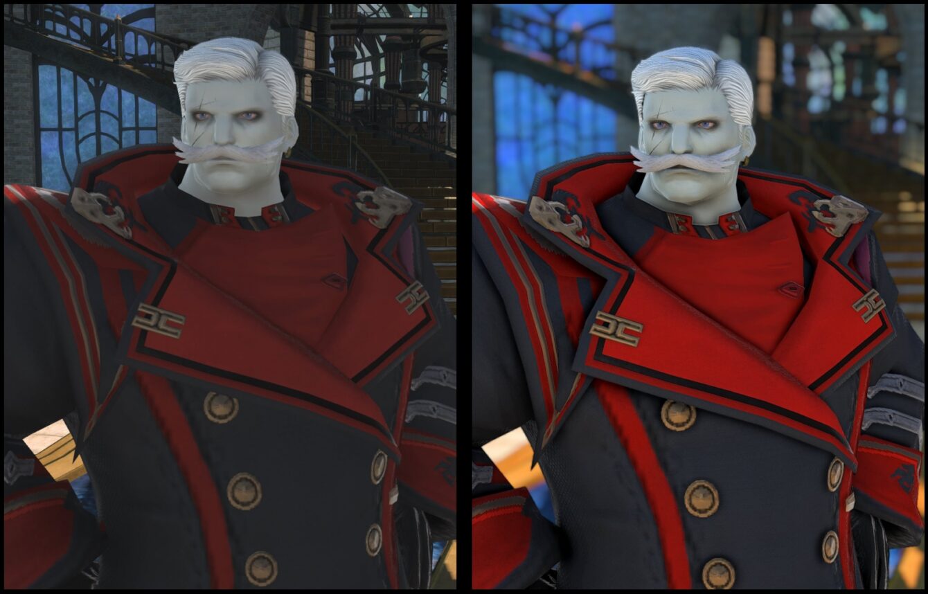 ReShade allows for shaders and effects to be layered on top of a base game to visually enhance it. This is a screenshot of my character with ReShade turned off (Left) and turned on (Right) in Final Fantasy XIV.