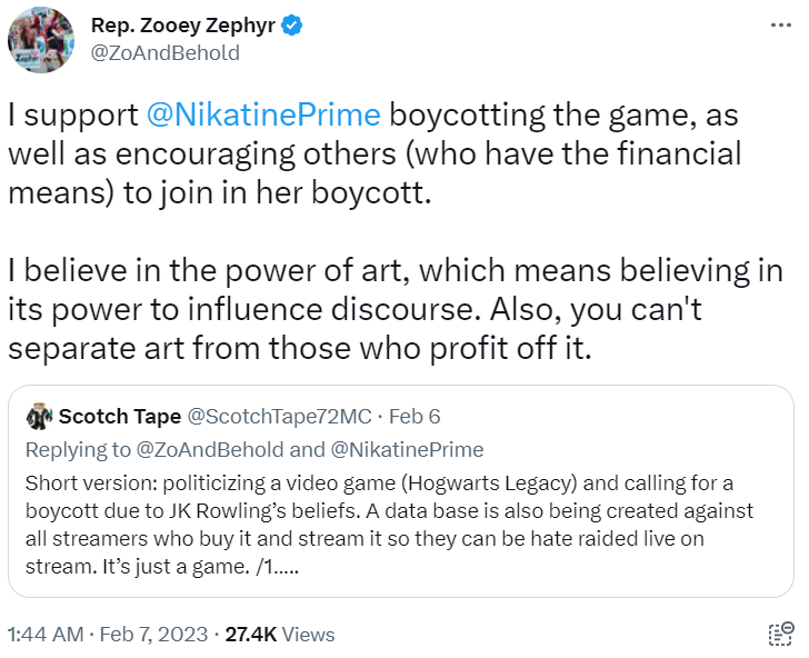 Archive Link Montana Representative Zooey Zephyr endorses the boycott of Hogwarts Legacy, despite ScotchTape72MC warning it was causing hate raids via Twitch