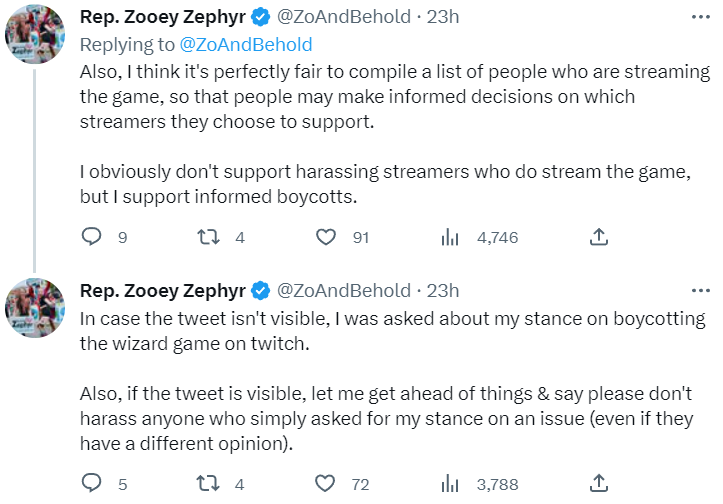 Archive Link Montana Representative Zooey Zephyr endorses the boycott of Hogwarts Legacy and the website that tracked streamers playing the game, but condemns any harassment via Twitter