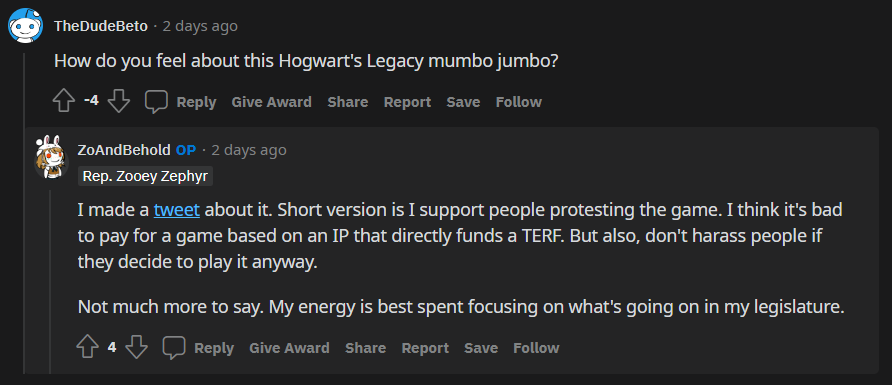 TheDudeBeto asks Montana Representative Zooey Zephyr about the Hogwarts Legacy boycott via Reddit