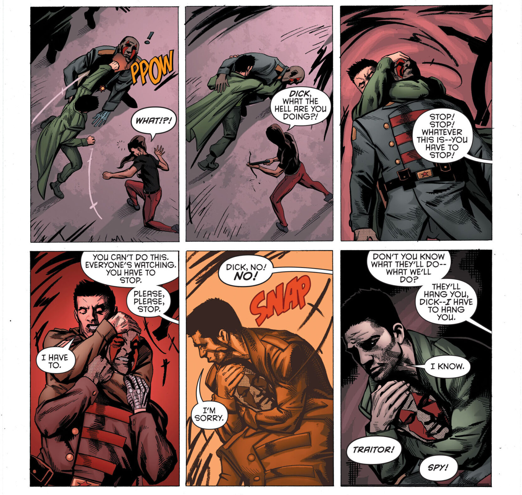Dick Grayson quebra o pescoço de KGBeast depois de saber que o líder russo o enganou para matar civis em Future's End: Grayson Vol. 1 #1 “Apenas um lugar para morrer” (2014), DC Comics
