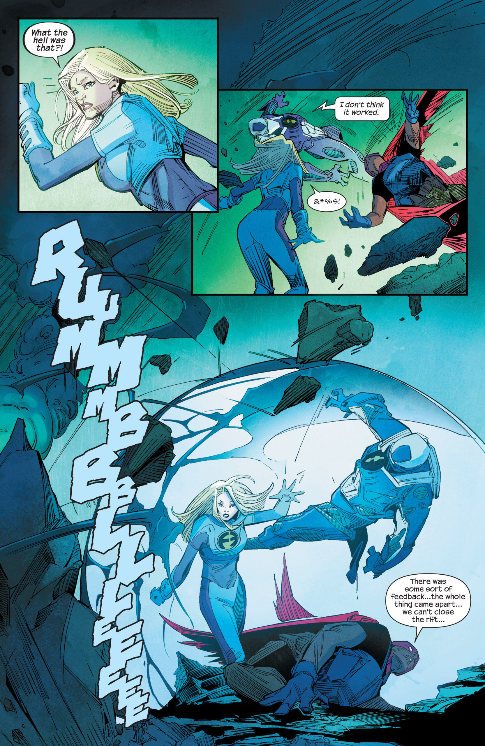 Sue Storm protege seus novos companheiros do Quarteto Fantástico, Homem de Ferro e Falcão, de uma ameaça desconhecida no Ultimate FF Vol. 1 #1 “Condenado” (2014), Marvel Comics