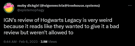 @epistemophagy questions IGN's review of Hogwarts Legacy