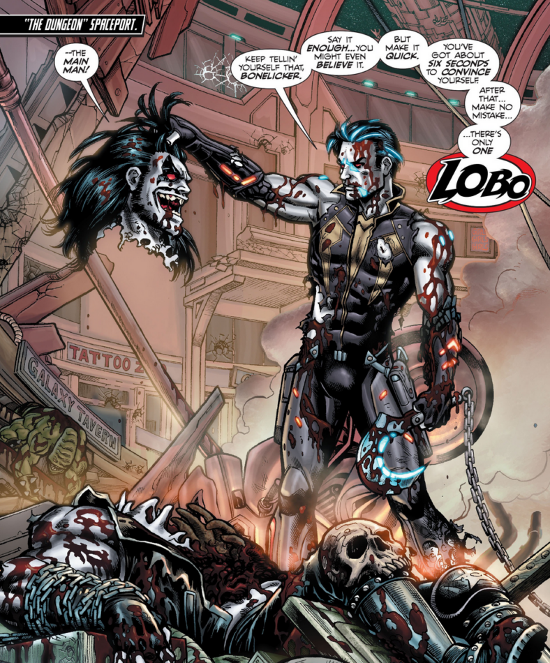 DC decides to straight up insult the audience in Lobo Vol. 3 #1 "Targets" (2014), DC. Words by Cullen Bunn, art by Reilly Brown, Nelson DeCastro, Pete Pantazis, and Travis Lanham.