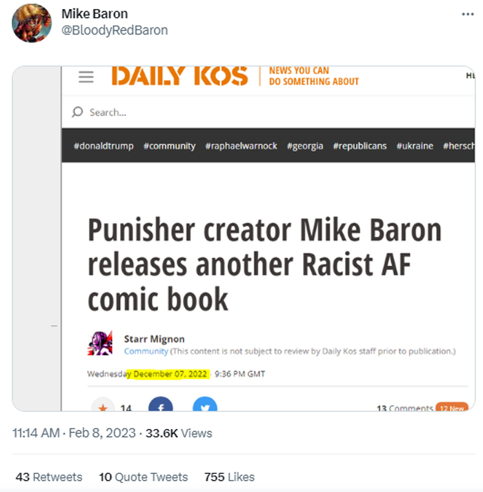 Screenshot of Mike Baron tweet highlighting Daily Kos hit piece on his 'Private American' (2023) graphic novel.