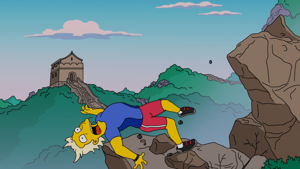 Jesse (Hank Azaria) falls down the Great Wall of China in The Simpsons Season 34 Episode 2 "One Angry Lisa" (2022), The Walt Disney Company