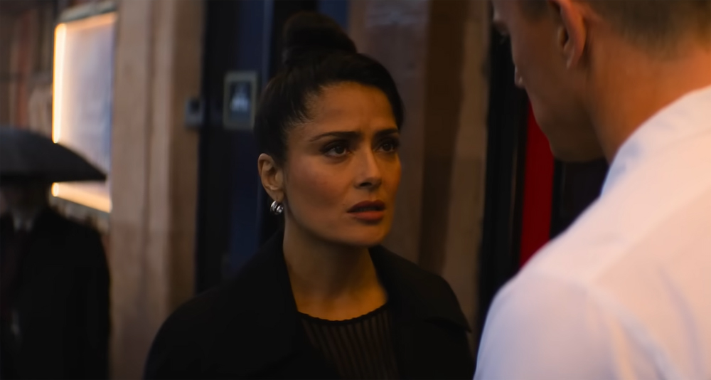 Salma Hayek looking distressed in the movie 'Magic Mike's Last Dance' (2023).