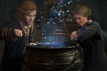 A Griffindor and Ravenclaw student brew a potion in a cauldron, as blue sparks float up from it via Hogwarts Legacy (2023), Warner Bros. Interactive Entertainment