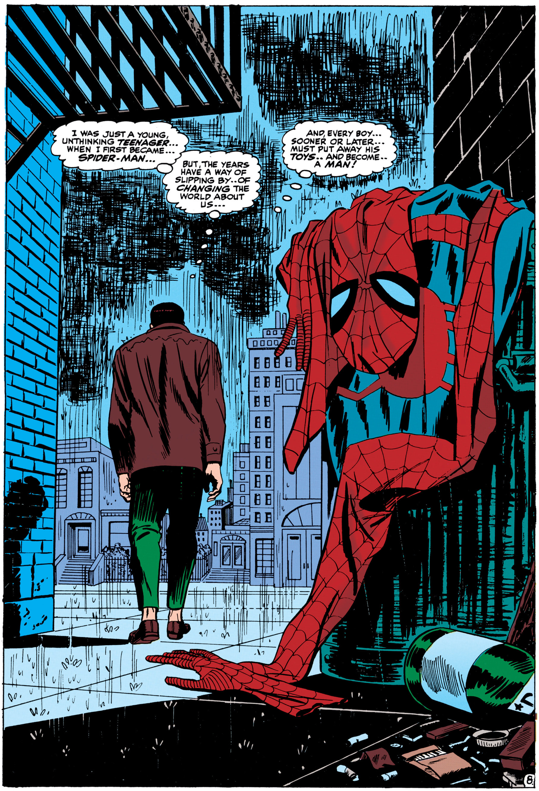 Peter Parker gives up his webs in Amazing Spider-Man Vol. 1 #50 "Spider-Man No More!" (1967), Marvel Comics. Words by Stan Lee, art by John Romita Sr., Mickey Demeo, and Sam Rosen.