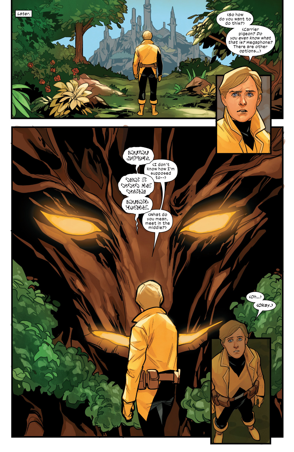 Cypher chats with Krakoa in X-Men Vol. 5 #16 "Sworded Out (2020), Marvel Comics. Words by Jonathan Hickman, art by Phil Noto and Clayton Cowles.
