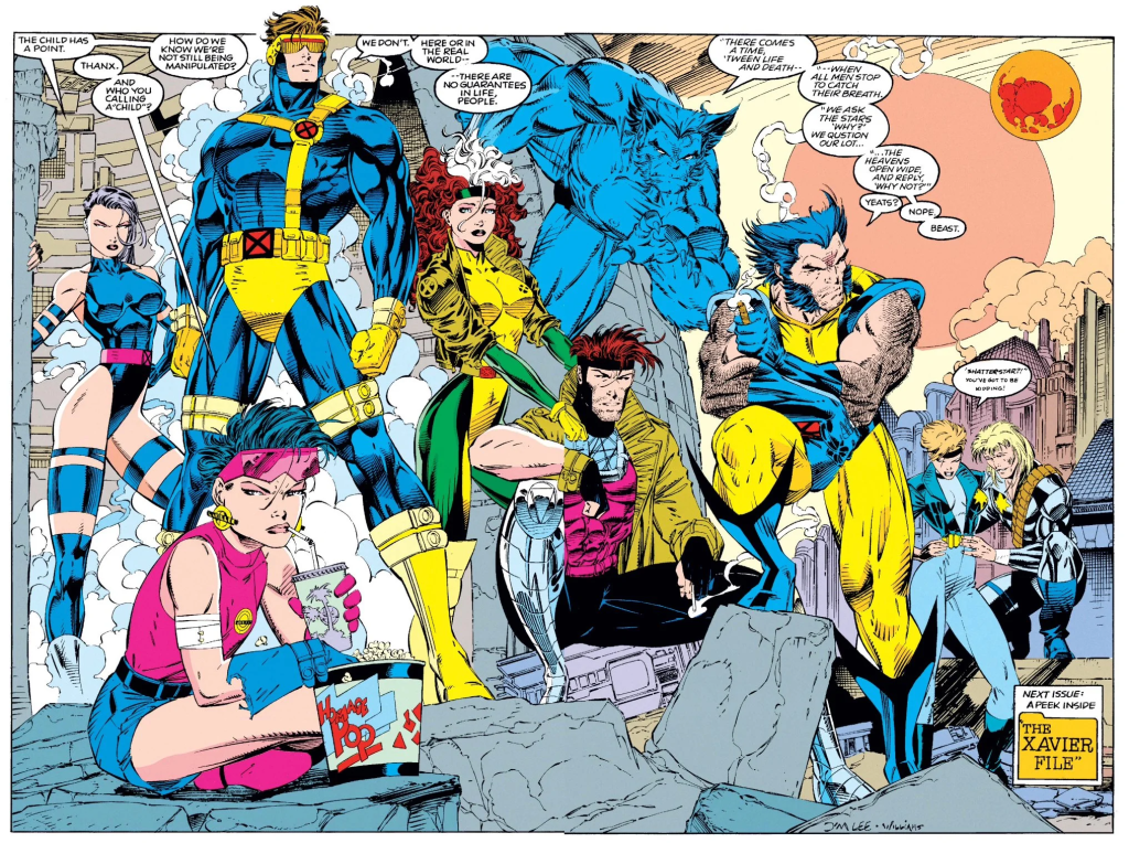 The X-Men stand together in X-Men Vol. 2 #11 "The X-Men Vs The X-Men! (Again)" (1992), Marvel Comics. Words by Jim Lee and Scott Lobdell, art by Jim Lee, Bob Wiacek, Socott Williams, Marie Javins, and Lois Buhalis.