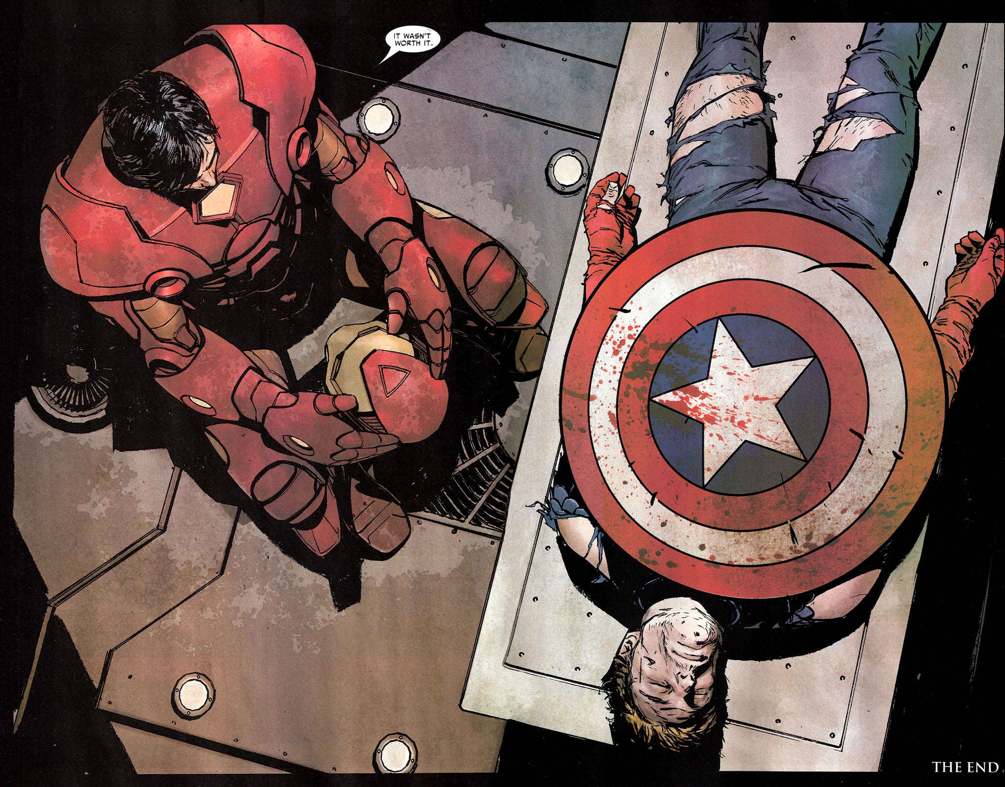 Tony has his final words with Steve in Civil War: The Confession Vol. 1 #1 "The Confession" (2007), Marvel Comics. Words by Brian Michael Bendis, art by Alex Maleev, José Villarrubia, and Chris Eliopoulos.