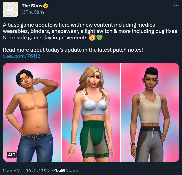 The Sims' Twitter account showcases the top surgery scar, biker shorts shapewear, and chest binder customization options added to The Sims 4 via Twitter