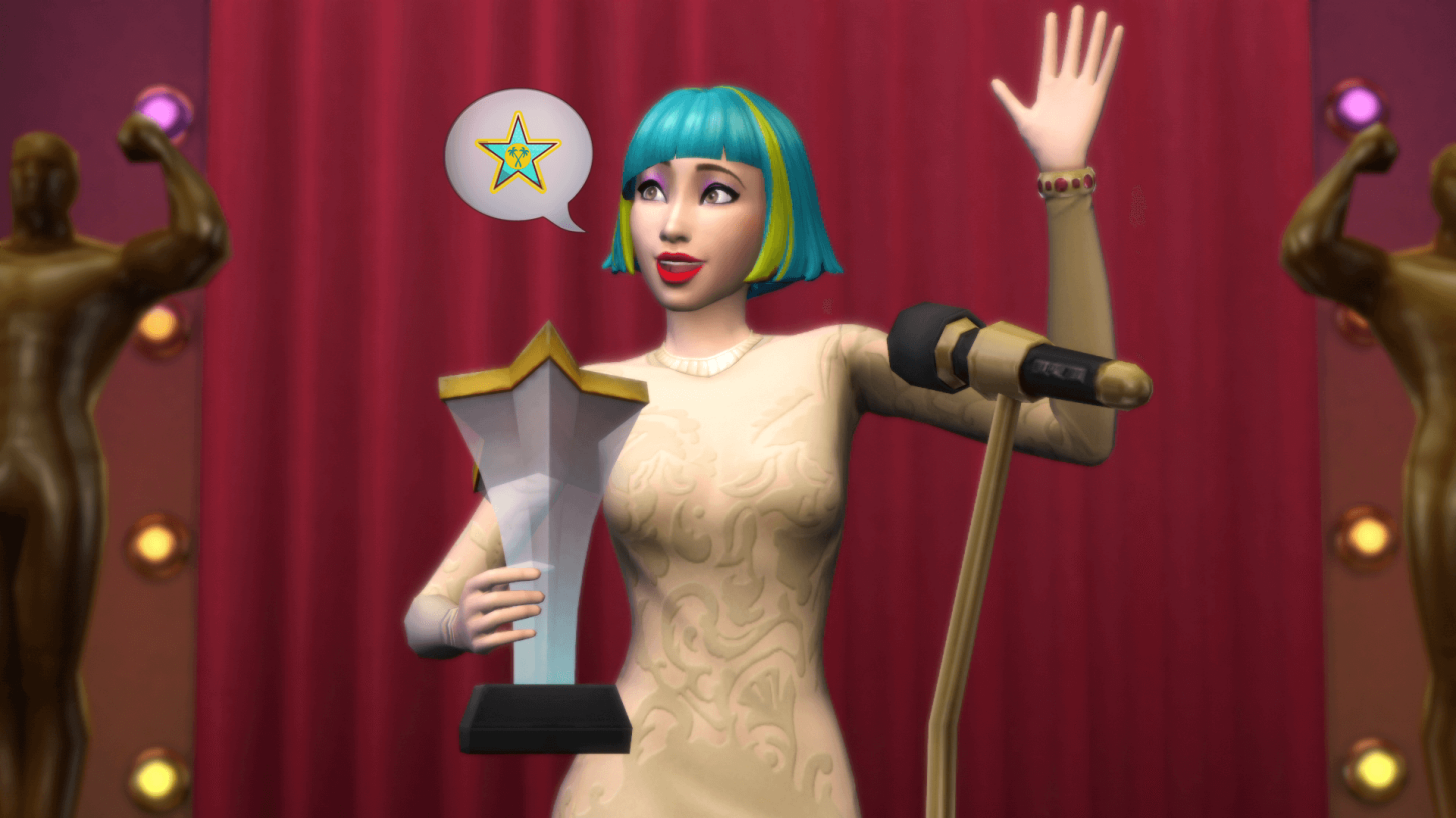 A Sim with teal and yellow hair accepts an award via The Sims 4 Get Famous Expansion Pack (2018), Electronic Arts