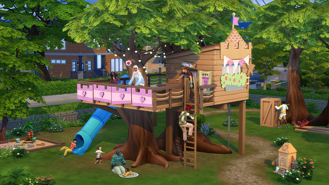 Children play in a tree-house via The Sims 4 Growing Together Expansion Pack (2023), Electronic Arts