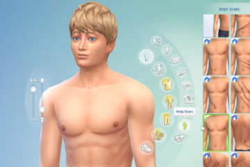 A Sim being customized, with top surgery scars via The Sims 4 (2014), Electronic Arts