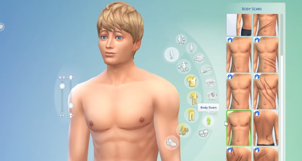 A Sim being customized, with top surgery scars via The Sims 4 (2014), Electronic Arts