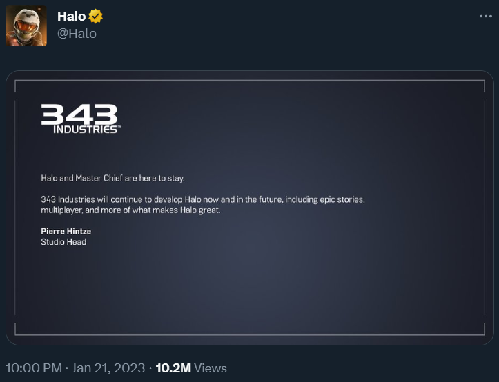 343 Industries Studio Head Pierre Hintze insists the company and the Halo series are fine after layoffs via Twitter
