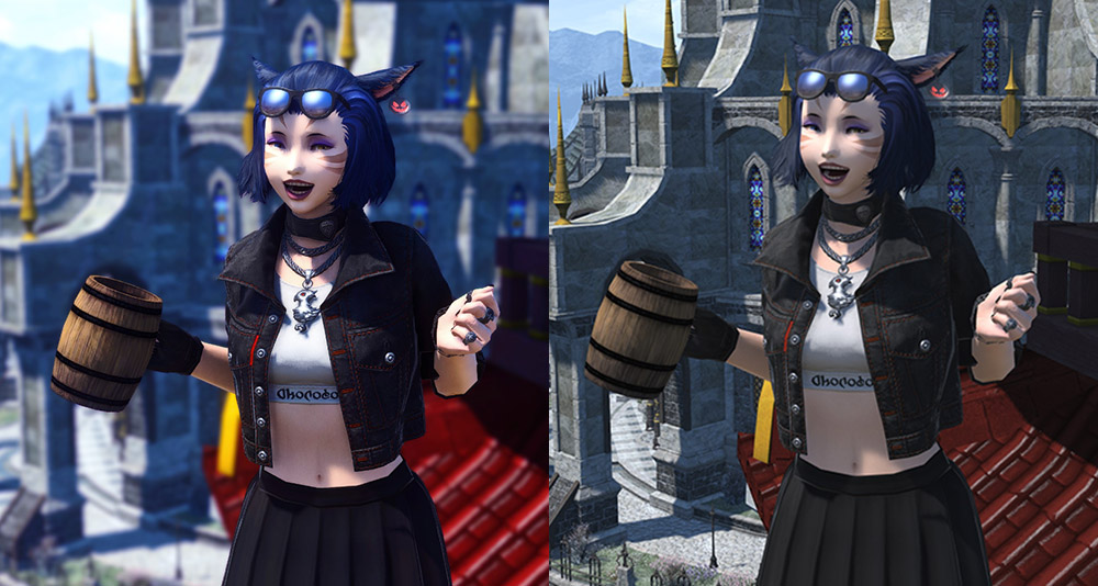 A side-by-side comparison of Arfien's GShade mod running on FFXIV