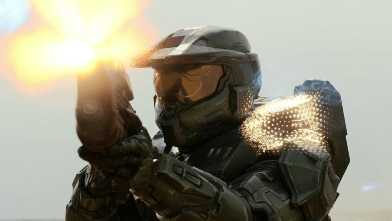 Master Chief fires while his armor's shield regenerates via Halo Season 1 Episode 1 "Contact" (2022), Paramount Plus