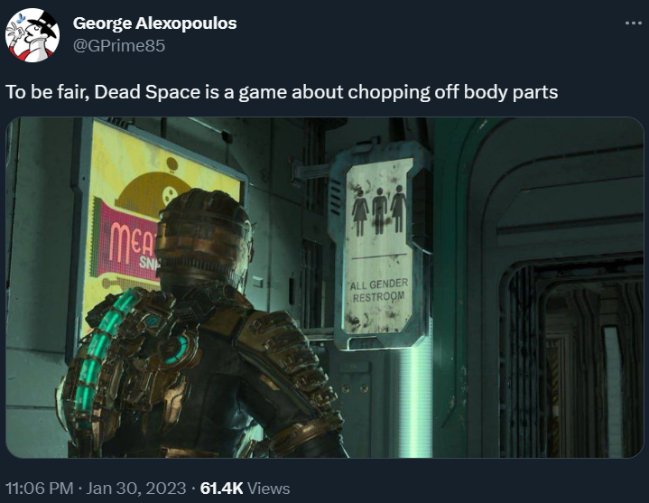 George Alexopoulos (GPrime85) mocks the all gender restroom sign in the Dead Space remake via Twitter