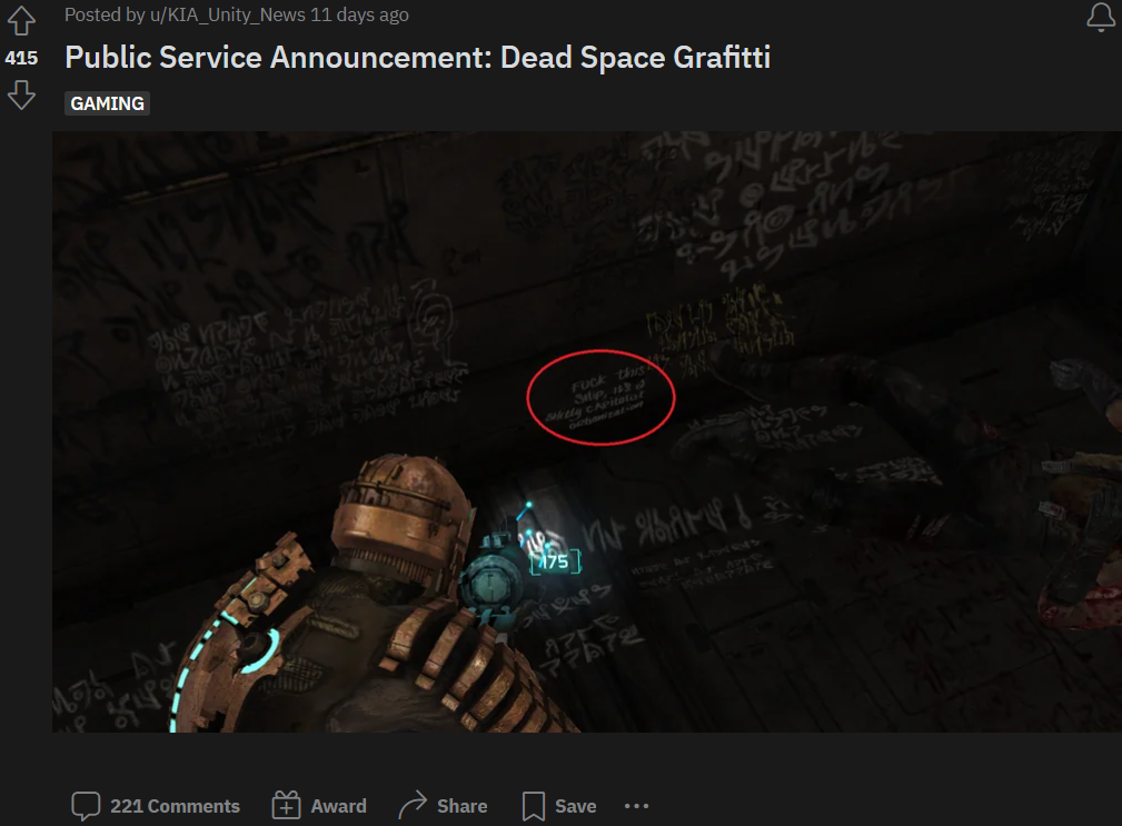 r/KotakuInAction user KIA_Unity_News highlights the anti-capitalist graffiti in the Dead Space remake was in the original via Twitter
