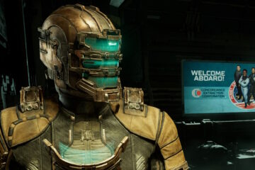 Issac Clarke with a Concordance Extraction Corporation poster behind him via Dead Space (2023), Electronic Arts
