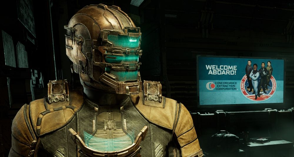 Issac Clarke with a Concordance Extraction Corporation poster behind him via Dead Space (2023), Electronic Arts