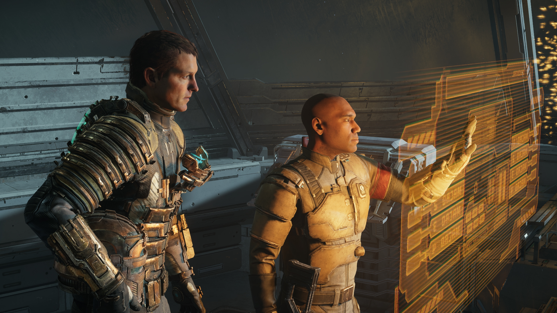Issac Clarke and Zach Hammond look at a floating holographic display via Dead Space (2023), Electronic Arts