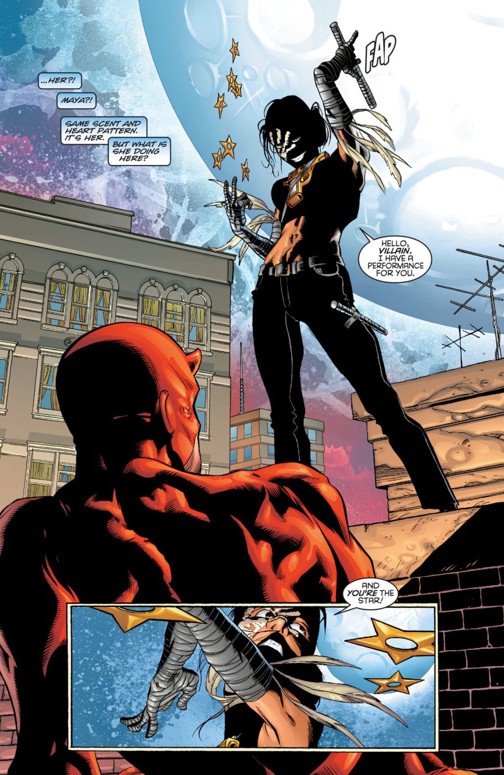 Maya Lopez, under the mistaken belief that Daredevil killed her father, makes her costumed debut as Echo in Daredevil Vol. 2 #11 "Dinner and a Movie" (2000), Marvel Comics. Words by David Mack, art by Joe Quesada, Jimmy Palmiotti, Richard Isanove, and Richard Starkings.