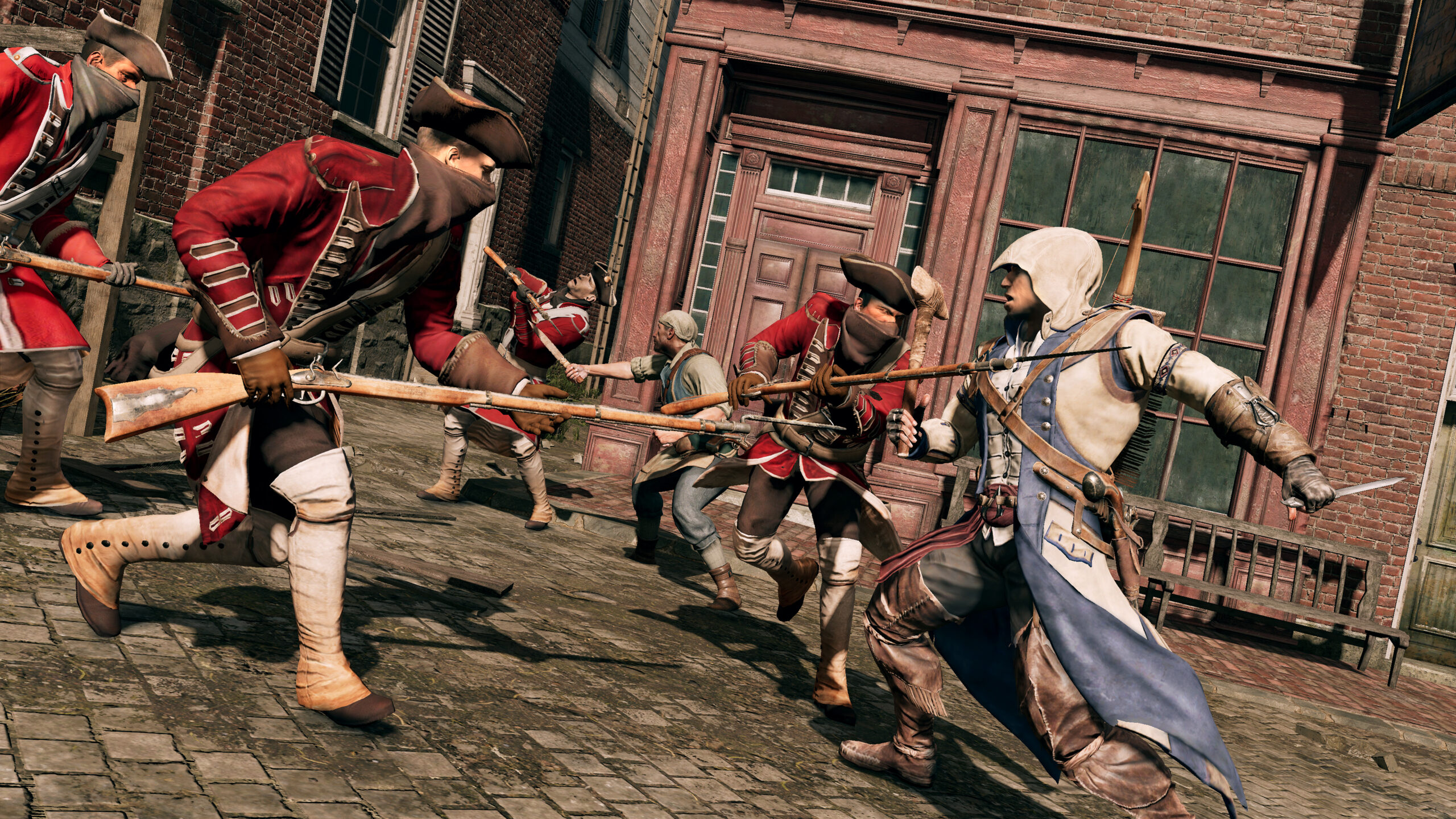 Ratonhnhaké:ton fights off British soldiers via Assassin's Creed III (2012), Ubisoft