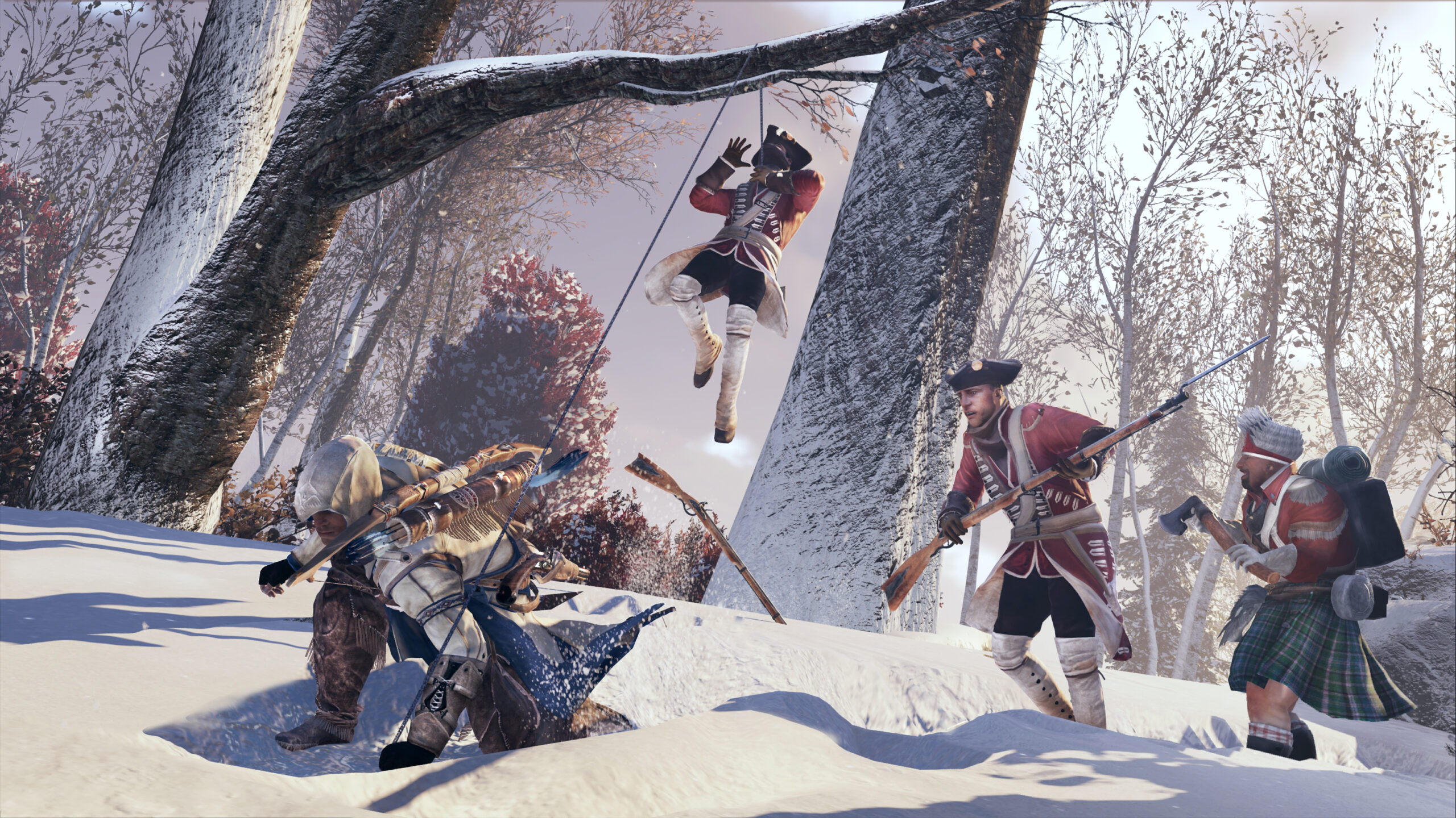 Ratonhnhaké:ton lynches a British soldier, while others charge him or stare in fear via Assassin's Creed III (2012), Ubisoft