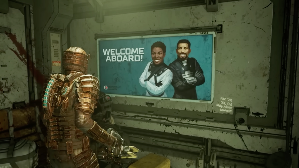 Isaac Clarke checks out one of the game's many updated recruitment posters in Dead Space (2023), Electronic Arts