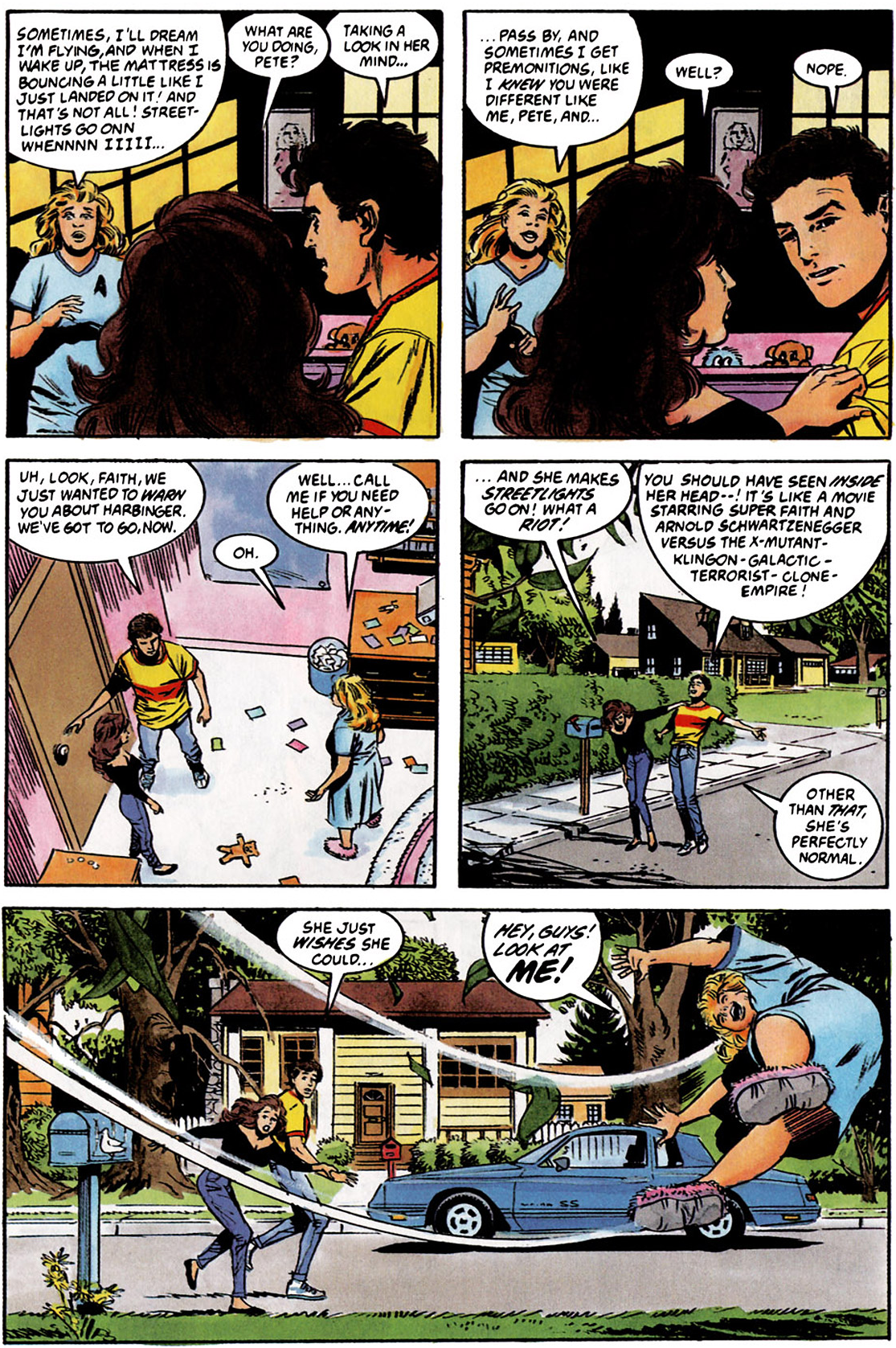 Faith discovers her powers after meeting Sting and Kris Hathaway in Harbinger Vol. 1 #1 "Children of the Eighth Day" (1992), Valiant Comics. Words by Jim Shooter, art by David Lapham, Jon Dizon, Janet Jackson, and John Costanza.