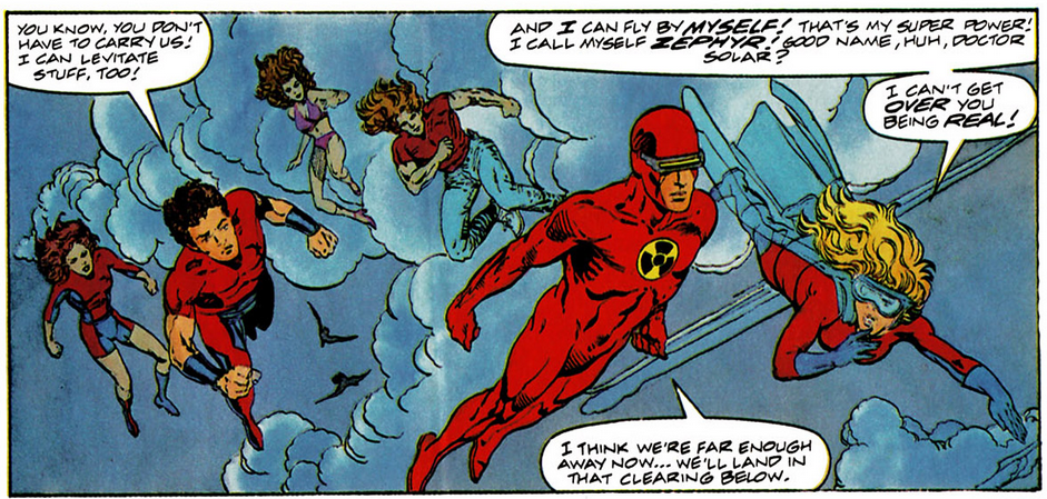 Zephyr fangirls out after Solar, Man of the Atom jumps from the comics to real-life in Harbinger Vol. 1 #6 "One for All" (1992), Valiant Comics. Words by Jim Shooter, art by David Lapham, Conzalo Mayo, Maria Beccari, and George Roberts, Jr.